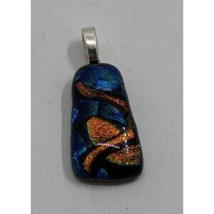 Dichroic Glass Pendant With Abstract Design In Blue & Orange Silver-Plated Bail